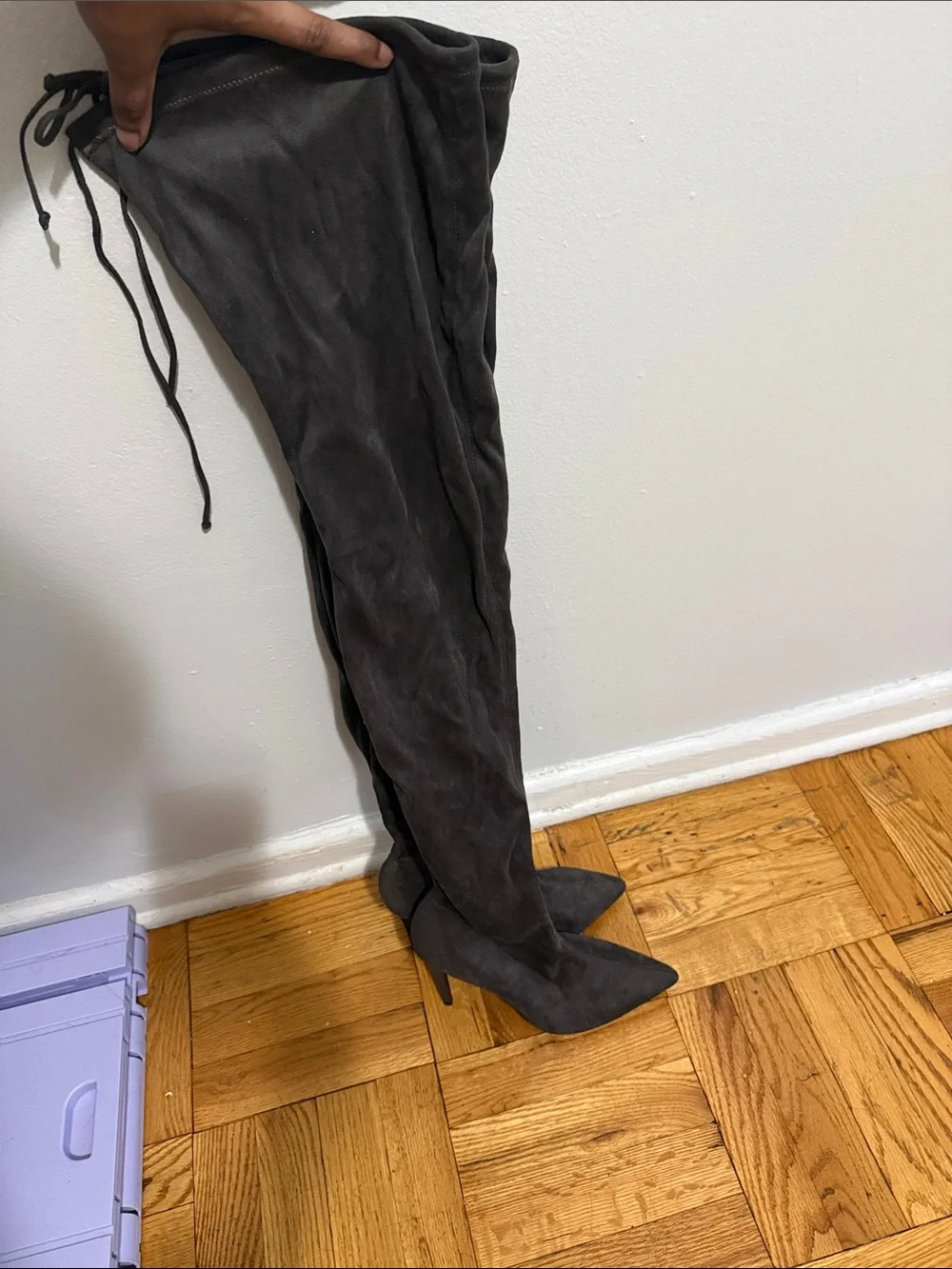 Over-the-Knee Pointed Toe Stiletto Boots in Charcoal Gray
